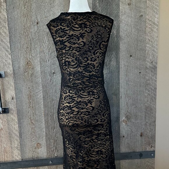 Black Full Lace Midi Cocktail Dress Sleeveless - Picture 3 of 4